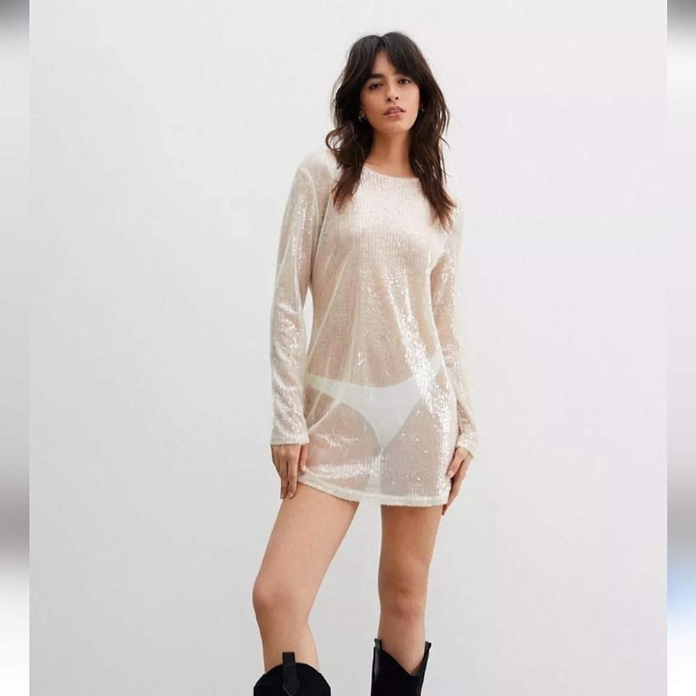 NASTY GAL Sheer Sequin Detail Long Sleeve Mini Shift Dress Off White.Size 4 NWT